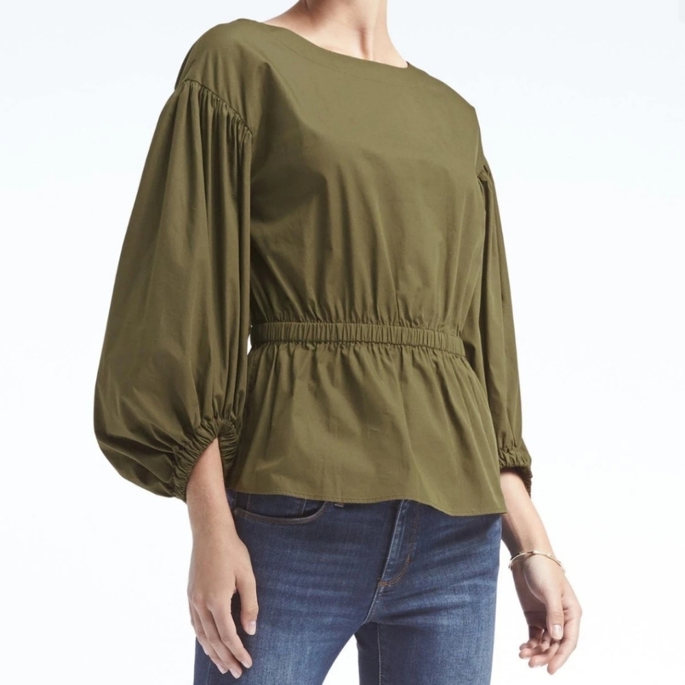 Banana Republic Olive Green Peplum Top Balloon Sleeves Size Small
